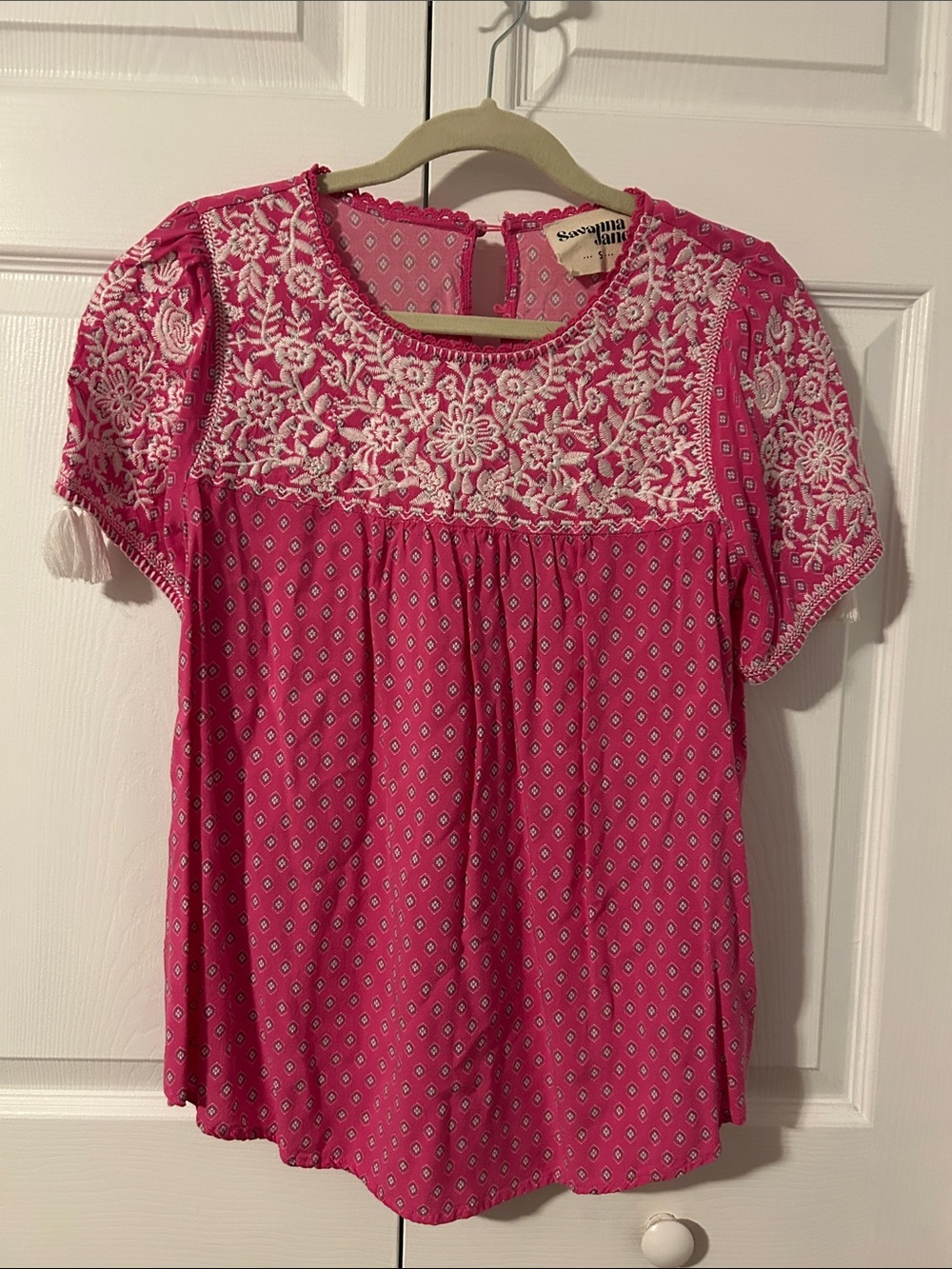 Savanna Jane Fuchsia Pink Short Sleeve Embroidered Blouse